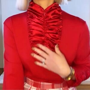 Corttonade Paris Red Satin Ruffled Blouse